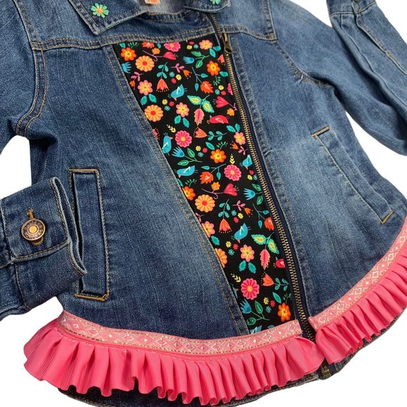 Route 66 Denim Jacket Jean Floral Blue Black Pink Ruffle Metallic Boho Large - Picture 4 of 16